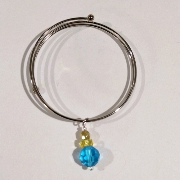 Silver tone Wire Bangle Bracelet Blue Yellow Beaded Charm Elegant Women Jewelry - Picture 4 of 8